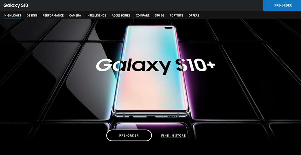 Landing Pages should focus on selling a single product or service. The landing page for the Samsung Galaxy S10 is a great example.